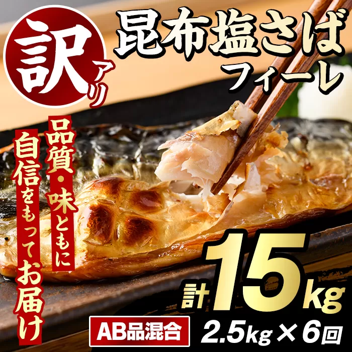 ＜定期便(隔月)・全6回＞訳あり！昆布塩さばフィーレ(A品B品混合・計15kg) 大容量 ボリューム サバ 鯖 おかず おつまみ 惣菜 焼き魚 切り身 昆布 ご家庭用 リピート 定期便 【グローバルフーズ】akn061-26