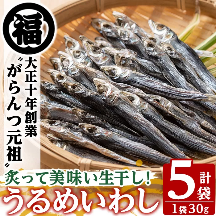 鹿児島県阿久根市産生干し「うるめいわし」(計5袋・1袋30g)国産 魚介 干物 ひもの イワシ 鰯 がらんつ干物【マルフク川畑水産】akn029-05