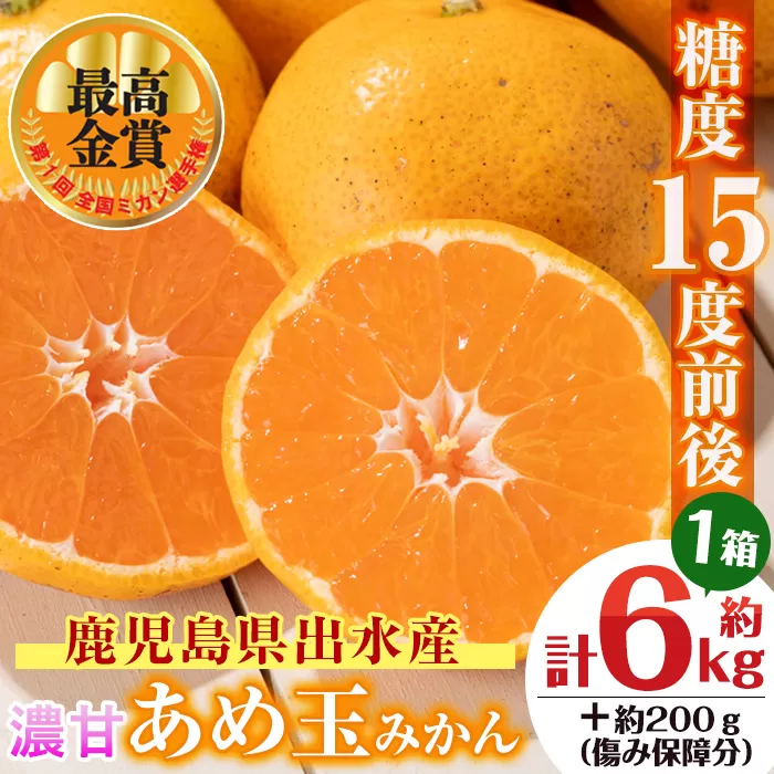 i570 ＜先行予約受付中！2025年11月中旬〜2026年1月下旬の間に発送予定＞【特別栽培・最高金賞】温州みかん日本一！濃甘あめ玉みかん(約6kg・1箱＋傷み保障 約200g(3〜4玉)  みかん 蜜柑 ミカン 柑橘 果物 フルーツ 果実 国産 鹿児島  【Farmer friends Marche】