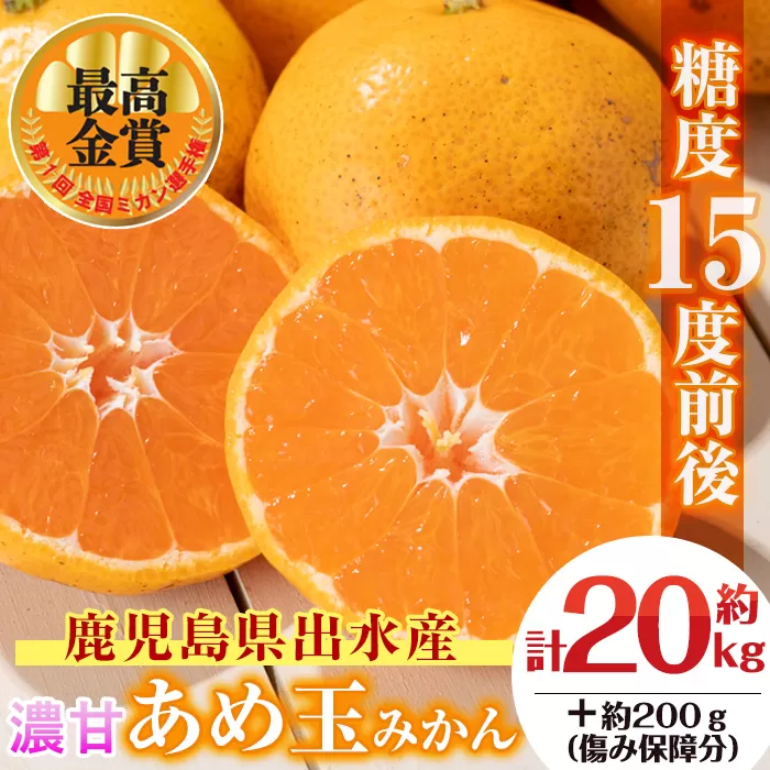 i573 ＜先行予約受付中！2025年11月中旬〜2026年1月下旬の間に発送予定＞【特別栽培・最高金賞】温州みかん日本一！濃甘あめ玉みかん(計約20kg・10kg×2箱＋傷み保障約200g(3〜4玉) みかん 蜜柑 ミカン 柑橘 果物 フルーツ 果実 国産 鹿児島  【Farmer friends Marche】