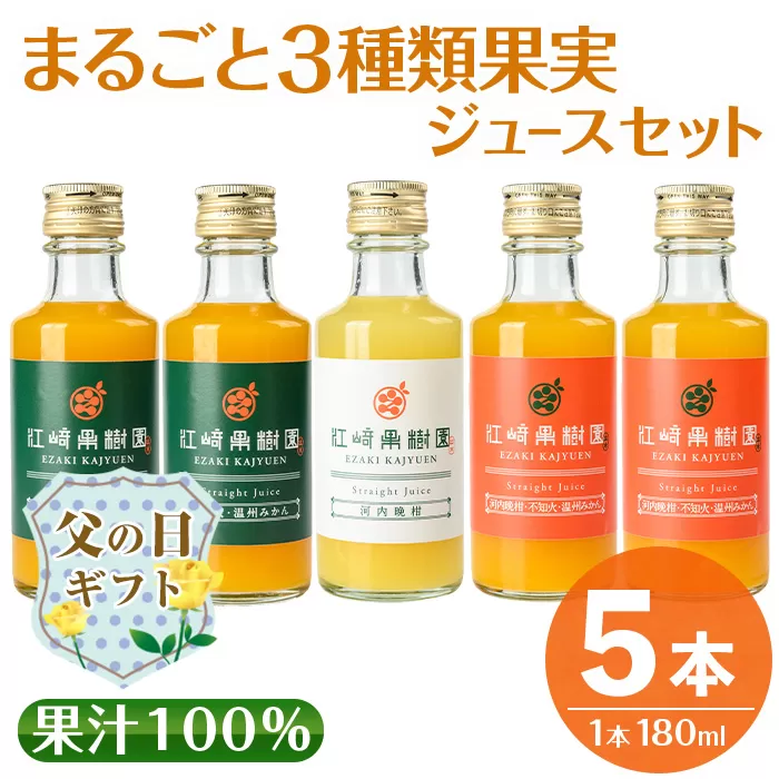i990-D-f 【父の日ギフト】まるごと３種類果実ジュースセット(180ml×5本・全3種) 飲料 ジュース みかん 蜜柑 詰合せ 果汁 100% 河内晩柑 不知火 温州みかん 無着色 無香料 ストレートジュース 安心安全 父の日 プレゼント ギフト 贈答 【江崎果樹園】