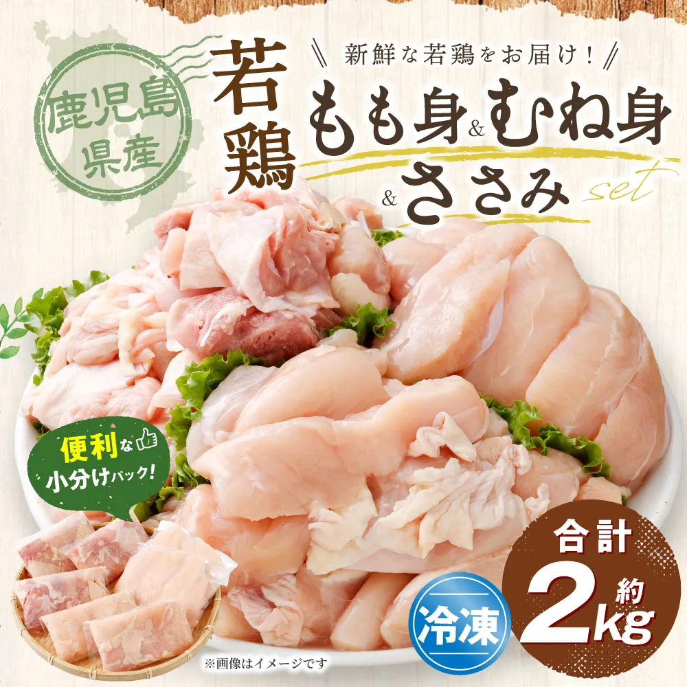 鹿児島県産 若鶏焼肉 約2kg セット 若鶏 もも肉 モモ肉 むね肉 カット ささみ 焼肉 小分け 鶏肉 冷凍 AS-1100