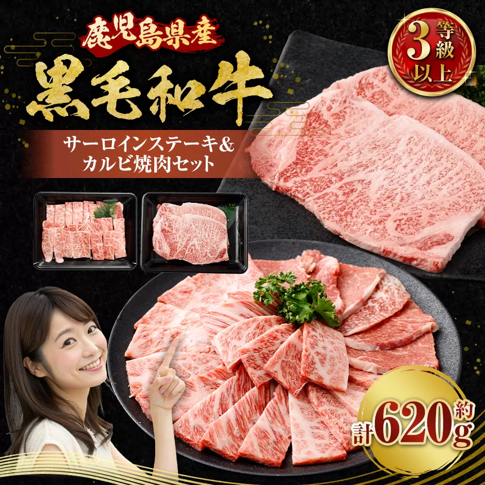 【鹿児島県産】 黒毛和牛 サーロインステーキ＆カルビ焼肉セット 合計約620g 肉 お肉 にく ニク 牛肉 サーロイン カルビ ステーキ 焼肉 詰め合わせ 冷凍 鹿児島県 薩摩川内市 BS-3121