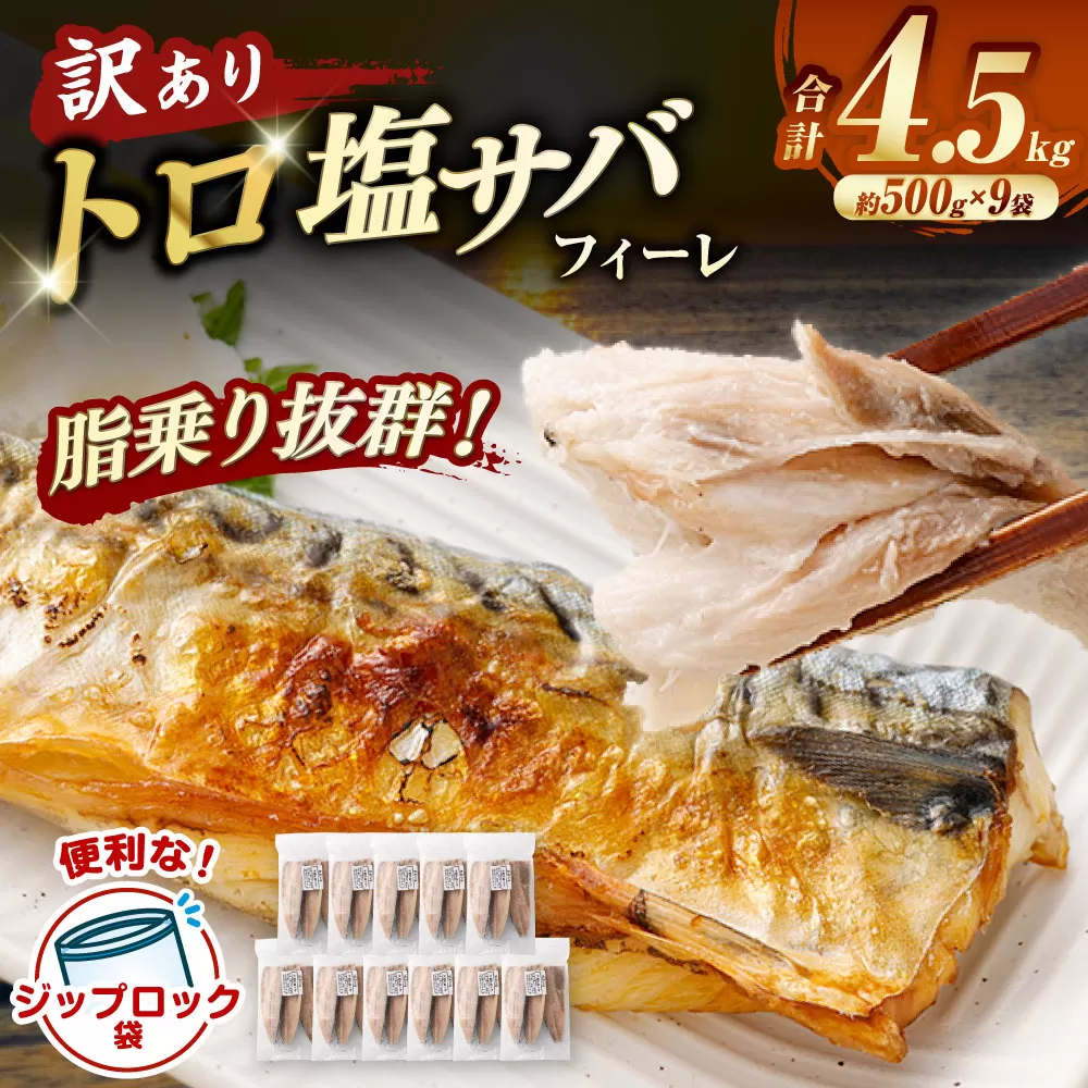 トロ塩サバフィーレ 約4.5kg 約500g×9袋 （A品、B品混合） 鯖 鯖フィレ 訳 さば サバ 冷凍 CSR-821