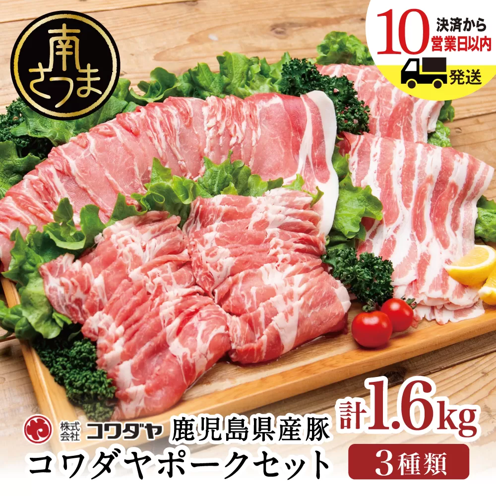鹿児島産 豚肉3種 計1.6kg（バラ／肩ロースしゃぶしゃぶ／ロース生姜焼き）国産 鹿児島県産 豚肉 豚しゃぶ しゃぶしゃぶ すき焼き ロース スライス うす切り肉 薄切り お取り寄せ かごしま グルメ 鍋 鹿児島県 南さつま市 株式会社コワダヤ