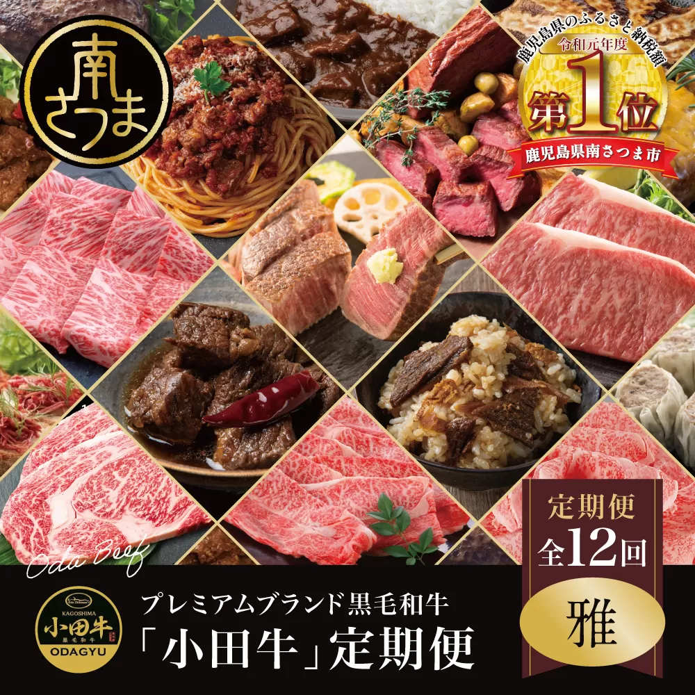【全12回】プレミアムブランド「小田牛」定期便［～雅～］ 鹿児島県産 黒毛和牛 ステーキ すき焼き 焼肉 焼き肉 BBQ ハンバーグ 餃子 ぎょうざ 焼売 しゅうまい レトルト カレー パスタソース 牛トロ煮込み コンビーフ ローストビーフ 常温 冷凍 小田畜産 南さつま市