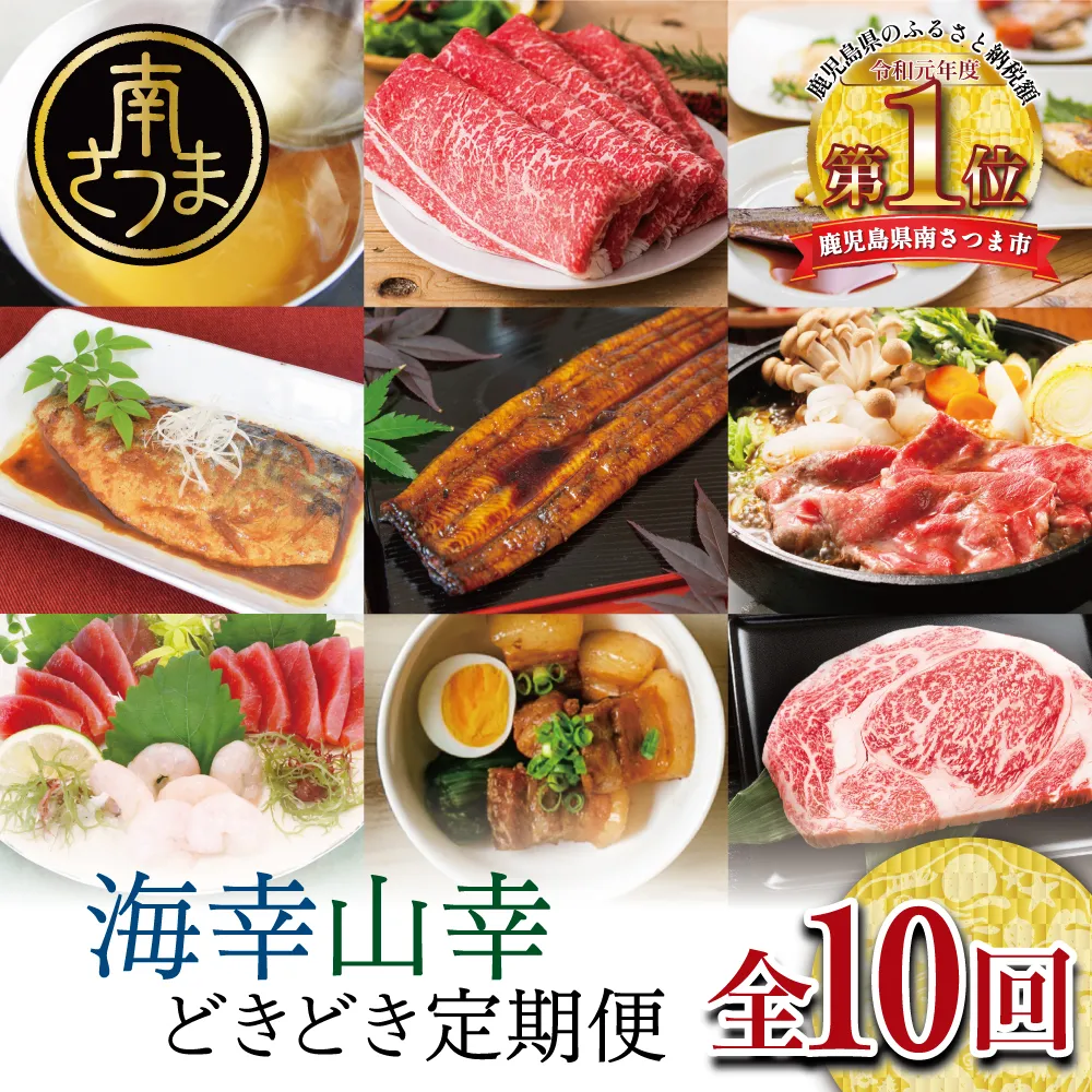 海幸山幸どきどき 定期便（全10回）お肉 お魚 黒豚 牛肉 すき焼き ステーキ 角煮 鰻 蒲焼 刺身用たかえび マグロ 出汁 鰹節 鹿児島黒牛 生姜焼き おかず 煮魚 定期配送 南さつま市