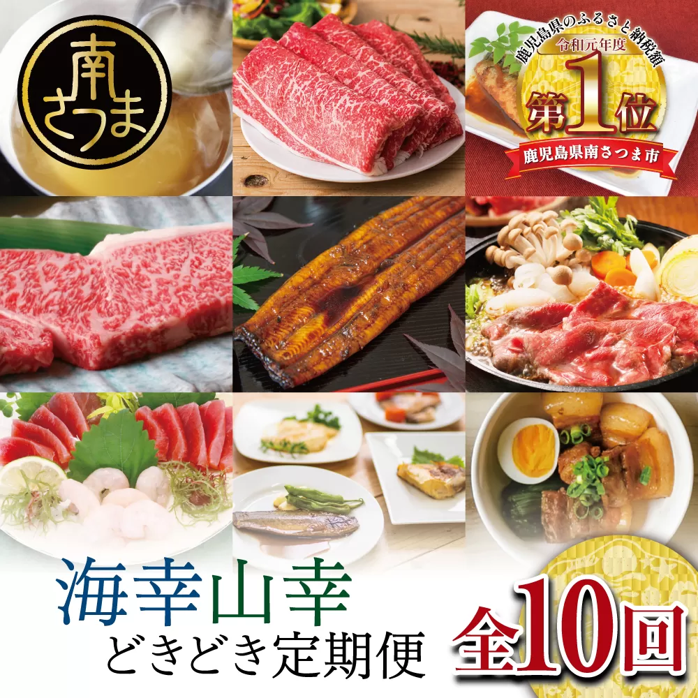 海幸山幸どきどき 定期便(全10回)お肉 お魚 黒豚 牛肉 すき焼き ステーキ 角煮 鰻 蒲焼 刺身用たかえび マグロ 出汁 鰹節 鹿児島黒牛 生姜焼き おかず 煮魚 定期配送 南さつま市