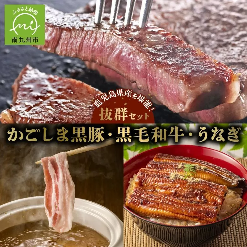 106-06 かごしま黒豚しゃぶしゃぶ用2パック・黒毛和牛サーロイン2枚・ウナギ1尾の抜群セット