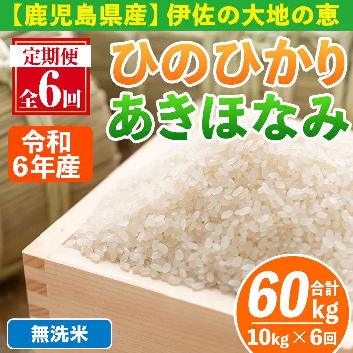 isa518-B 【定期便6回】 ＜無洗米＞令和6年産 鹿児島県伊佐南浦産 ひのひかり5kg・あきほなみ5kg (合計60kg・計10kg×6ヵ月) 国産 白米 精米 無洗米 伊佐米 お米 米 生産者 定期便 ひのひかり あきほなみ 【Farm-K】