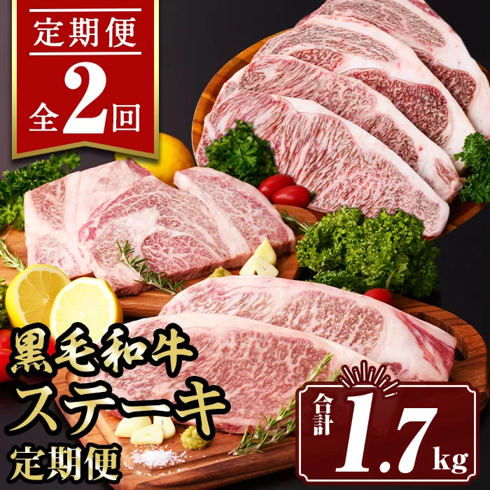 isa640 【定期便2回】黒毛和牛ステーキ定期便(合計1.7kg) 真空包装 真空パック リブロース サーロイン ステーキ 牛 うし 牛肉 アウトドア 食べ比べ BBQ 冷凍 【サンキョーミート株式会社】