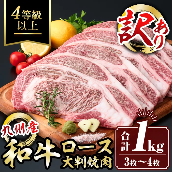 isa574 <訳あり>九州産和牛ロース大判焼肉(合計1kg・3枚〜4枚) 4等級以上 国産 真空包装 真空パック リブロース ステーキ 牛 うし 牛肉 アウトドア BBQ 冷凍 【サンキョーミート株式会社】