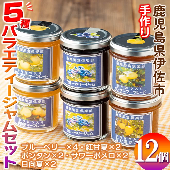isa553 《数量限定》5種のバラエティージャム食べ比べセット(計12個・ブルーベリー×4、紅甘夏×2、ボンタン×2、サワーポメロ×2、日向夏×2)【薩摩美食倶楽部】
