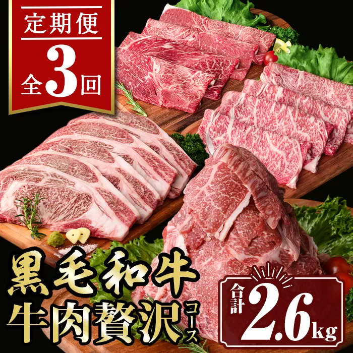 isa447 【定期便3回】牛肉贅沢コース (合計2.6kg) 国産 肉 牛肉 霜降り すきやき しゃぶしゃぶ 牛しゃぶ 冷凍 ロース カタロース 肩ロース リブロース ステーキ BBQ 食べ比べ セット 【サンキョーミート株式会社】