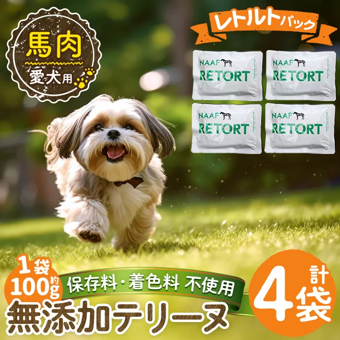 a1087-B ＜保存料・着色料 不使用＞愛犬用無添加テリーヌ レトルトパック 馬テリーヌ4袋(1袋約100g・合計約400g)【Nフードサービス】姶良市 馬 テリーヌ 犬 ドッグ ペット フード エサ レトルト おやつ ごはん ご飯 間食 ご褒美