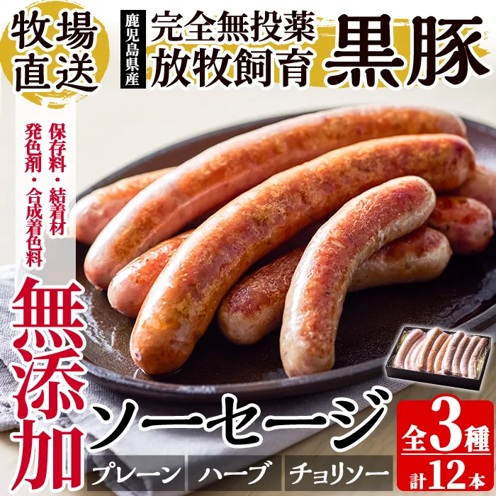 a1111 ＜保存料・発色剤・結着材・合成着色料 無添加＞月ノ灯牧場直送！鹿児島県産黒豚ソーセージ3種盛り合わせ計12本(ソーセージ4本・ハーブソーセージ4本・チョリソー4本)【pig village company】 姶良市 国産 豚肉 黒豚 ソーセージ セット 鹿児島