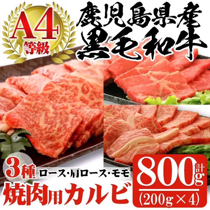 a483 鹿児島県産黒毛和牛(A4等級)焼肉用スライス牛肉(計800g)カルビ3種詰め合わせセット【財宝】