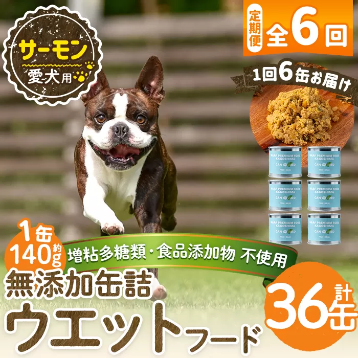 a1066-E 【6回定期便】＜増粘多糖類・食品添加物不使用＞愛犬用無添加缶詰 サーモン ウェットフード6缶×6回(1袋約140g・合計約5.04kg)【Nフードサービス】姶良市 サーモン ペット おやつ ごはん 間食 ご褒美 ペット関係 常温 常温保存
