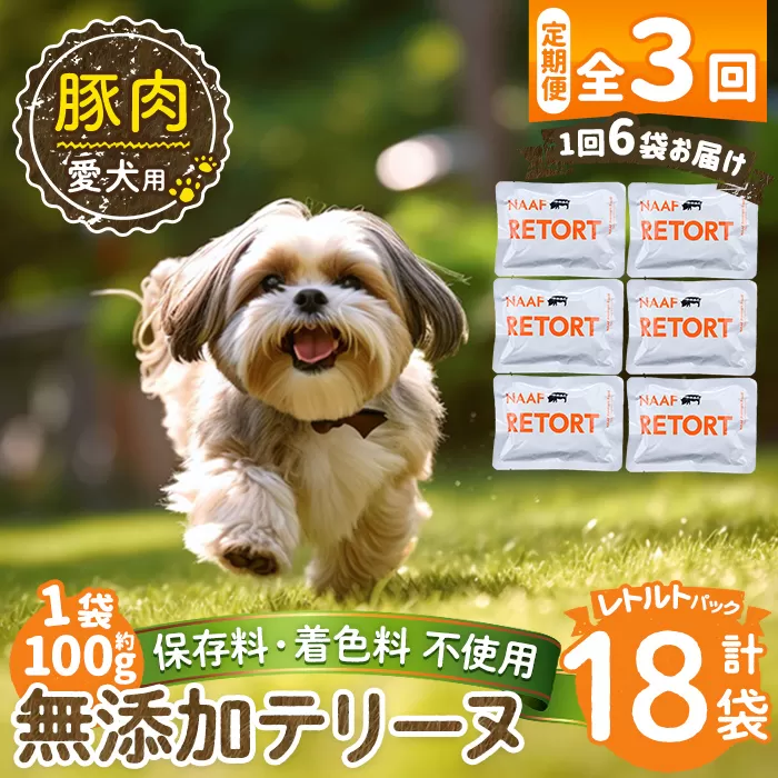 a1085-G 【3回定期便】＜保存料・着色料 不使用＞愛犬用無添加テリーヌ レトルトパック 豚テリーヌ6袋×3回(1袋約100g・合計約1.8kg)【Nフードサービス】姶良市 豚 テリーヌ 犬 ドッグ ペット フード エサ レトルト おやつ ごはん ご飯 間食 ご褒美
