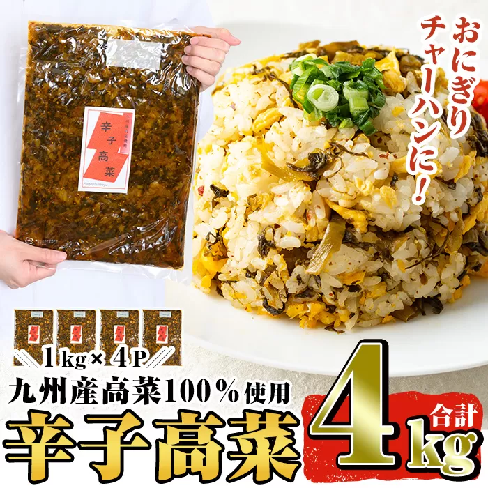 a568 九州産辛子高菜セット4kg(1kg×4パック)ピリッと辛い風味豊かな高菜炒めはチャーハン・ラーメン・おにぎり等と相性抜群【九州新進】姶良市 常温 漬物 漬け物 高菜漬け