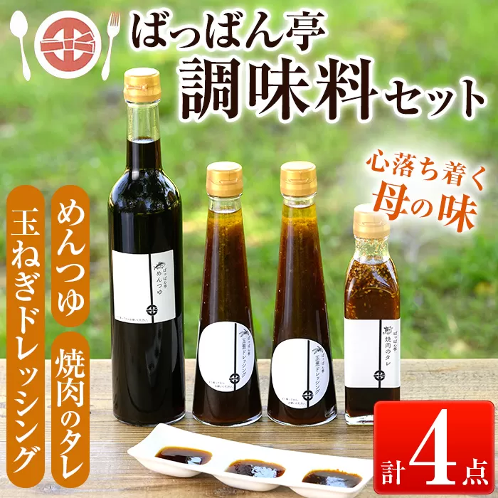 a923 ＜保存料着色料・無添加＞ばっばん亭調味料セット計4点(玉ねぎドレッシング2本・焼肉のたれ1本・めんつゆ1本)【さつま縫房＆キッチンヌーボー】調味料 ドレッシング サラダ 焼肉のタレ タレ 肉料理 麺つゆ 2倍濃縮 濃縮 そうめん そば
