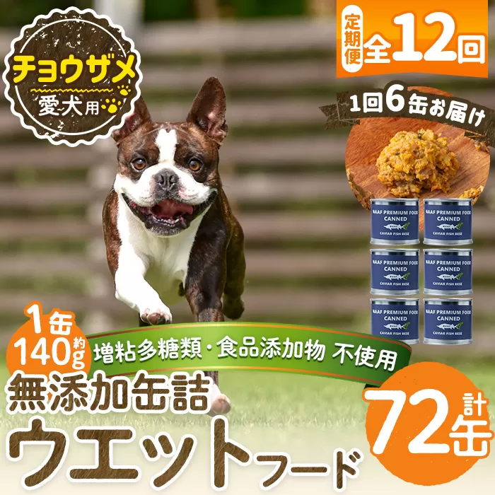 a1067-F 【12回定期便】＜増粘多糖類・食品添加物不使用＞愛犬用無添加缶詰 チョウザメ ウェットフード6缶×12回(1袋約140g・合計約10.08kg)【Nフードサービス】姶良市 チョウザメ ペット おやつ ごはん 間食 ご褒美 ペット関係 常温 常温保存