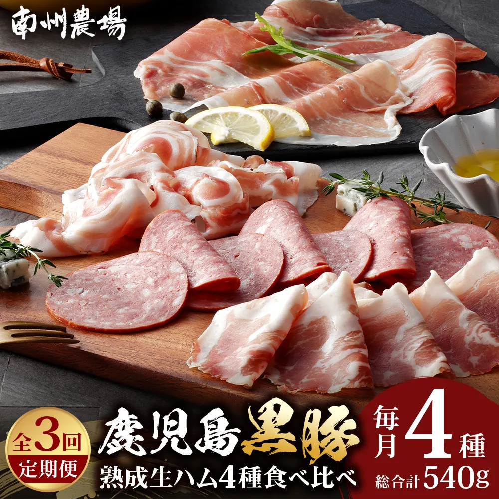 【定期便全3回】かごしま黒豚熟成生ハム４種食べ比べ セット（約540g）NS-519 | 国産 肉 お肉 豚肉 豚 にく ぶた 生ハム 最高峰 熟成ハム コッパ パンチェッタ コッホサラミ スパイス サラミ 冷蔵 詰め合わせ 産地直送 ギフト プレゼント 贈り物 鹿児島県 南大隅町 南州農場