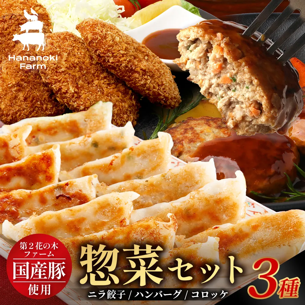 花の木農場【人気惣菜セット】３種 HK-504｜餃子 ぎょうざ ギョウザ ハンバーグ ハムコロッケ コロッケ 冷凍 工場直送 簡単調理 国産 厳選 お弁当 おかず 焼くだけ 揚げるだけ ノウフク 鹿児島県 南大隅町 第2花の木ファーム
