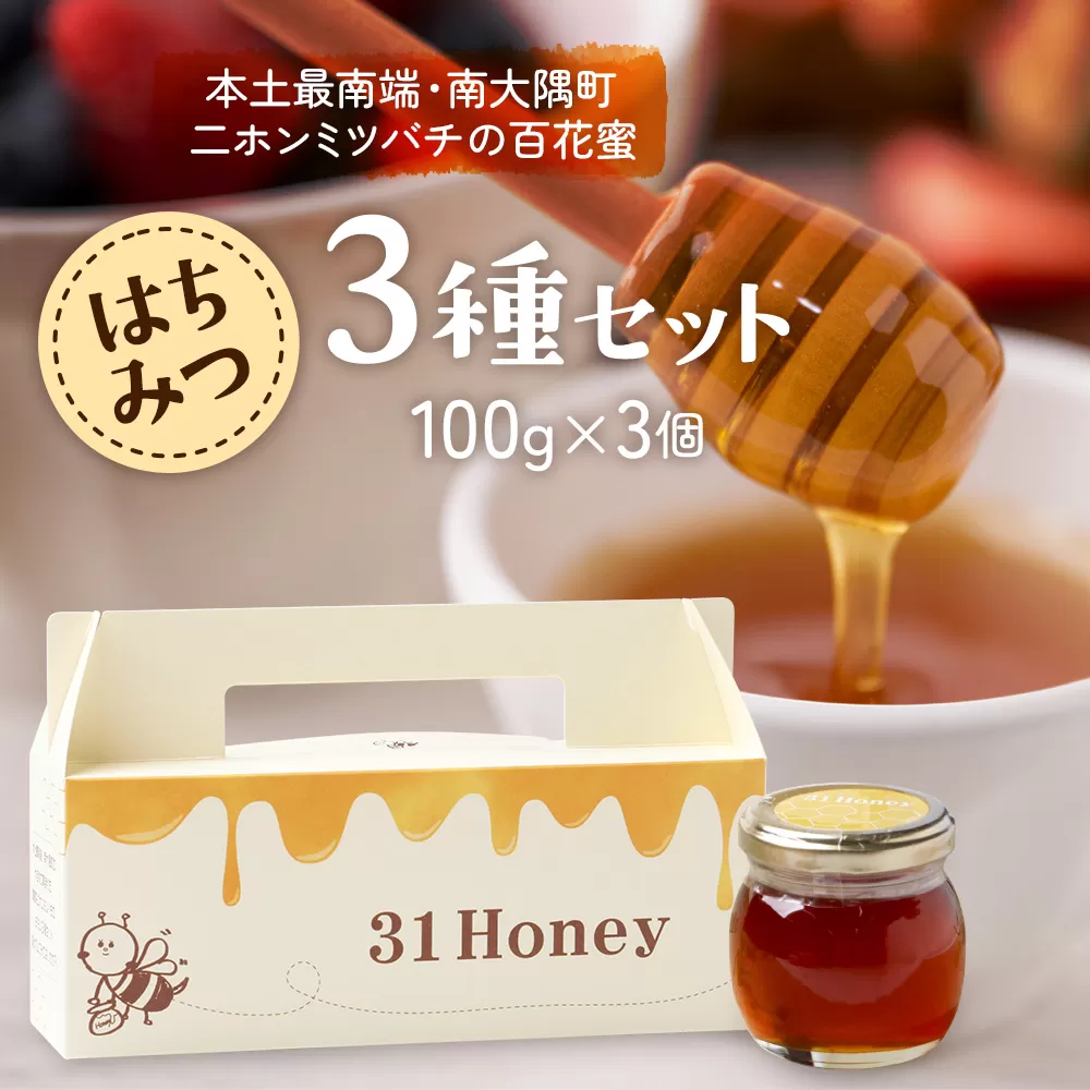【数量限定】日本みつばち蜂蜜 31Honey（サーティーワン ハニー） ハチミツ3種セット（100g×3個）｜はちみつ 日本みつばち 養蜂 百花蜜 瓶詰 産地直送 常温 鹿児島県 南大隅町 南大隅町日本みつばち研究会　MM-1