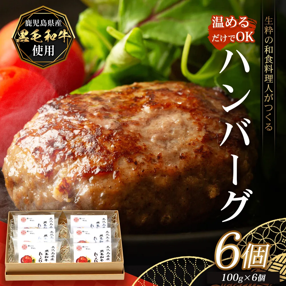 鹿児島県産 黒毛和牛 ≪レトルト≫ 和食料理人の手作り ハンバーグ(100g×6個)GN-5|鹿児島県 南大隅町 ハンバーグ 牛肉 手作り レトルト 銀シャリ中はら