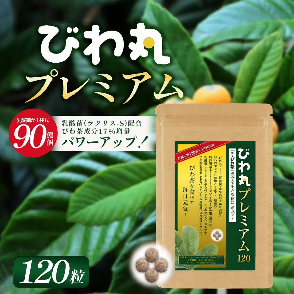 びわ丸プレミアム 1袋(120粒入) 健康補助食品 びわ茶含有加工食品 TO-8-NP| 国産 びわ茶 びわの葉 サプリメント 乳酸菌 ノンカフェイン ポリフェノール ネコポス 鹿児島県 南大隅町 十津川農場