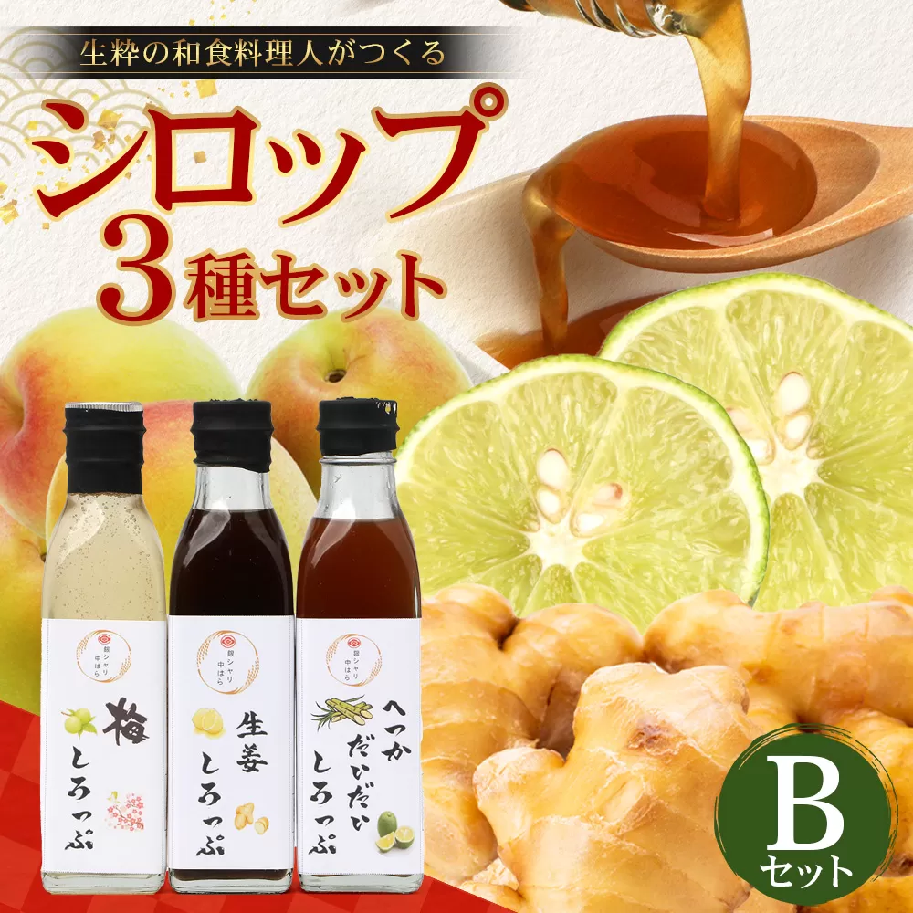 【先行予約・数量限定】日本料理人が作る シロップ 3種類 Bセット/辺塚だいだいシロップ・梅シロップ・生姜シロップ (各240ｇ×1瓶) GN-15｜鹿児島県 南大隅町 果物 うめ ショウガ しょうが フルーツ シロップ 希釈 甘み 酸味 甘さ控えめ お菓子づくり 手づくり 新鮮 旬 銀シャリ中はら