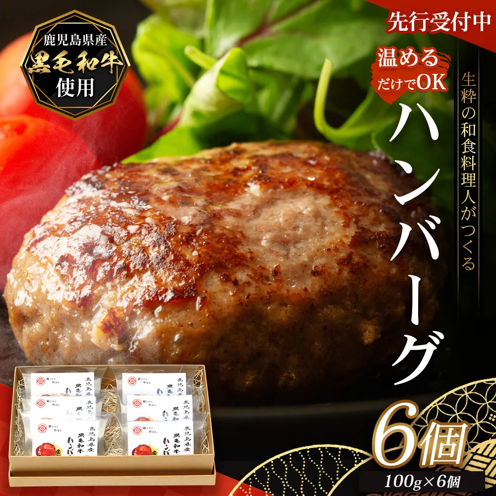 【先行予約：12月下旬配送～】鹿児島県産 黒毛和牛 ≪レトルト≫ 和食料理人の手作り ハンバーグ（100g×6個）GN-5｜鹿児島県 南大隅町 ハンバーグ 牛肉 手作り レトルト 銀シャリ中はら