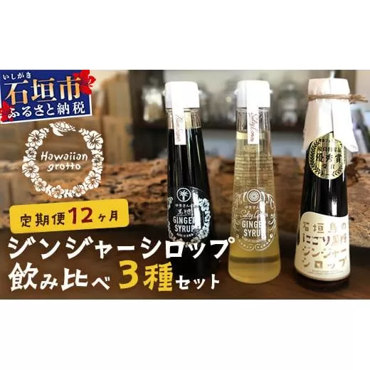 【12カ月定期便】ジンジャーシロップ3本セット飲み⽐べ 12ケ⽉ 定期便 | 定期便 沖縄県石垣市 沖縄 沖縄県 琉球 八重山 八重山諸島 石垣 石垣島 送料無料 ⽯垣島産⽣姜 生姜 シロップ ジンジャー ジンジャーシロップ グラニュー糖 黒糖 砂糖 ⾚唐⾟⼦ 果汁 塩 ⽯垣の塩 レモングラス レモン フルーツ ミント  ギフト 国産 飲み比べ HW-2