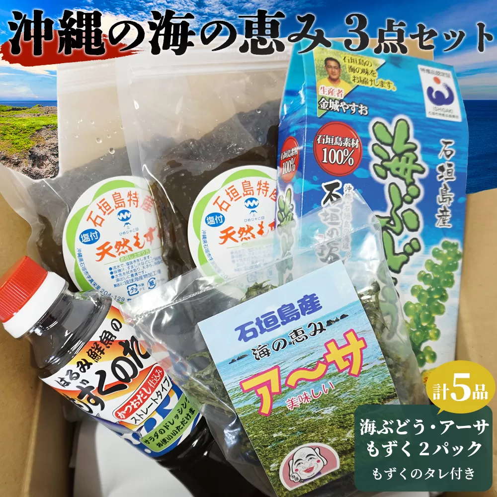 沖縄の海の恵み　3点セット（海ぶどう、天然もずく2パック、アーサ） もずくのタレ1本付 CK-13