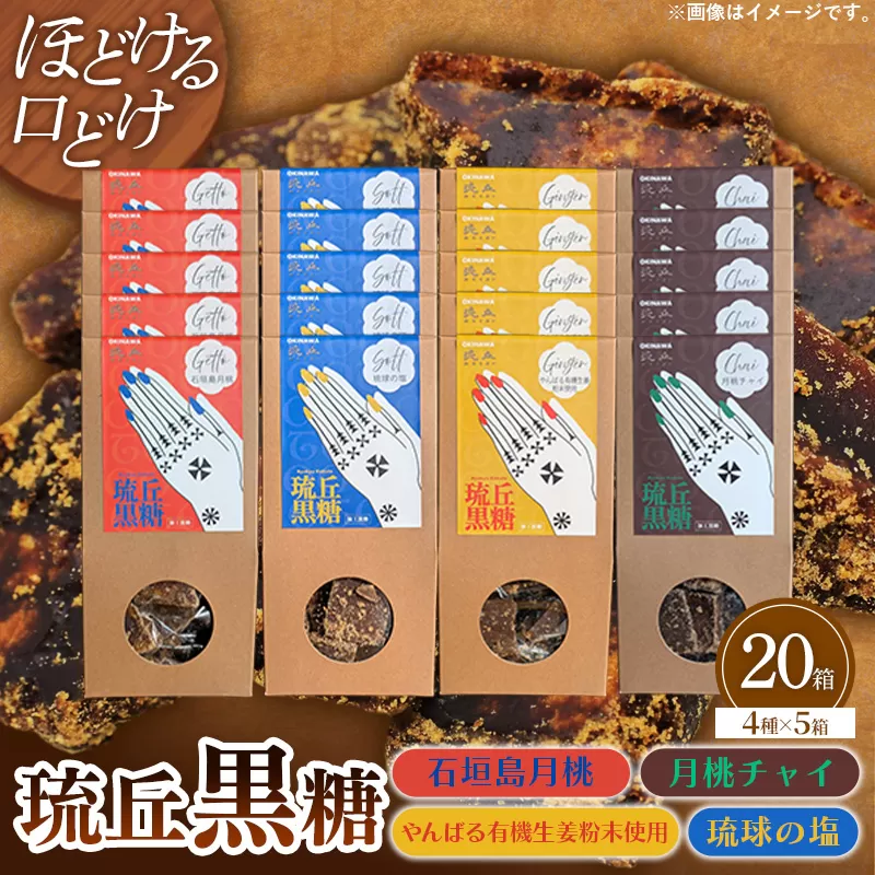 琉丘黒糖 4種×5箱 【計20箱入り】 - 黒糖 フレーバー 月桃 塩 生姜 ジンジャー チャイ 水あめ不使用 植物原料のみ 人気 おすすめ 無添加 食べ比べ 自然の恵み プレゼント おすそ分け 沖縄県 八重瀬町