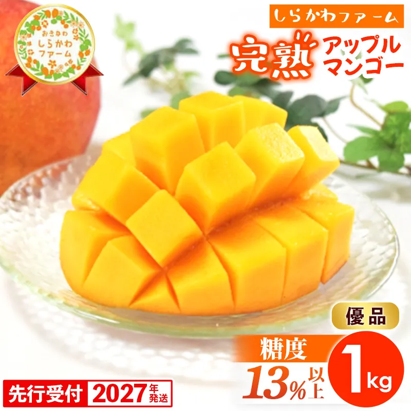 【先行受付】【2027年発送】しらかわファームのアップルマンゴー 優品 約1kg （2～3玉）- 糖度13％以上 先行予約 沖縄 産地直送 南国フルーツ 旬の味覚 旬のフルーツ 贈り物 ギフト 沖縄県 八重瀬町