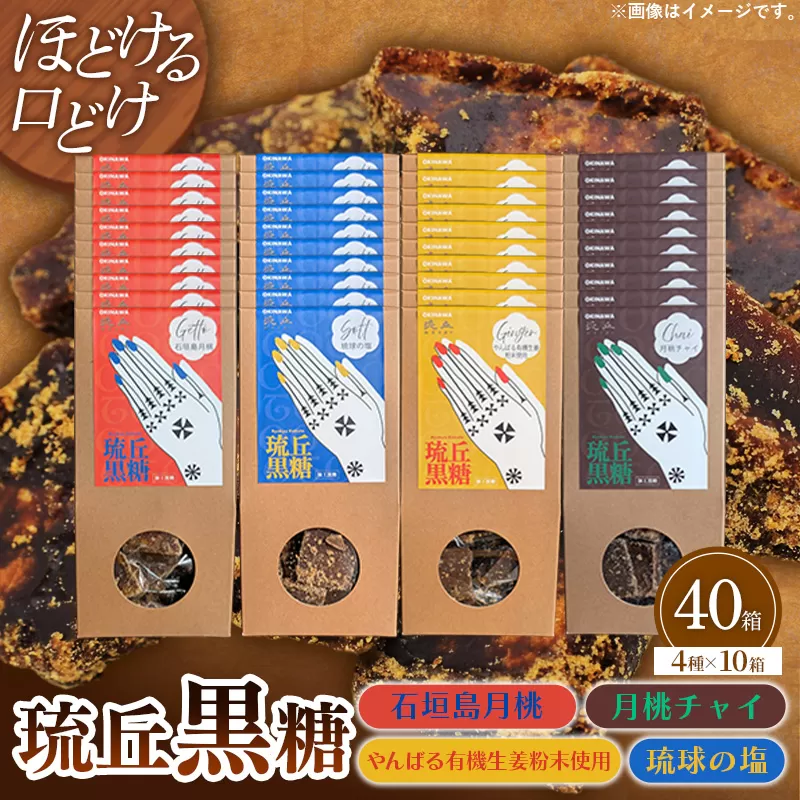 琉丘黒糖 4種×10箱 【計40箱入り】 - 黒糖 フレーバー 月桃 塩 生姜 ジンジャー チャイ 水あめ不使用 植物原料のみ 人気 おすすめ 無添加 食べ比べ 自然の恵み プレゼント おすそ分け 沖縄県 八重瀬町